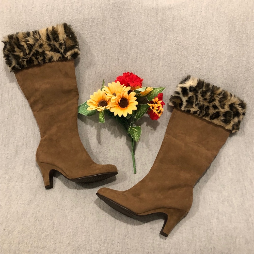 NWT - Aerosoles Tan Suede Heeled Boots with Leopard-print Faux Fur Trim